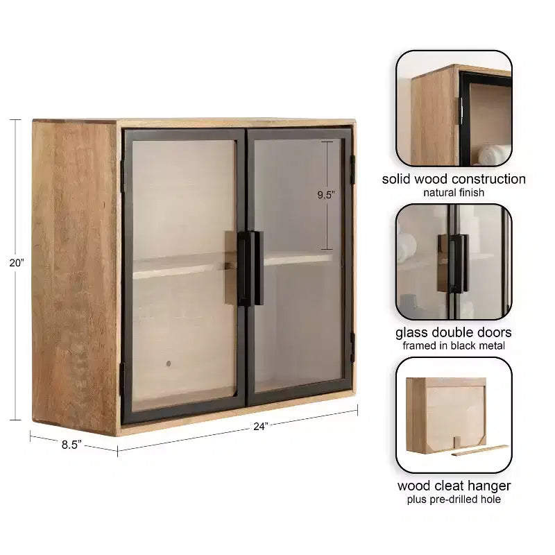 24'' Wood & Glass Wall Cabinet – Natural Finish Display Storage