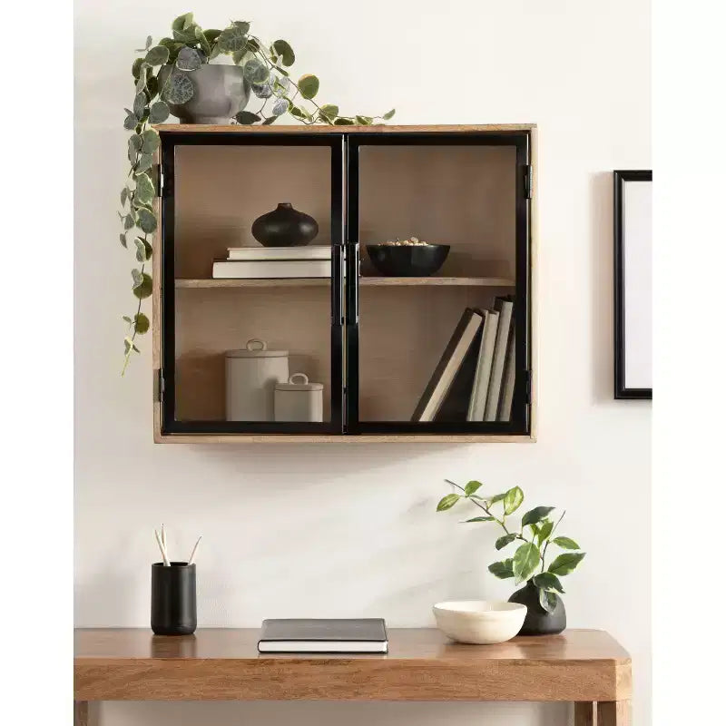 24'' Wood & Glass Wall Cabinet – Natural Finish Display Storage