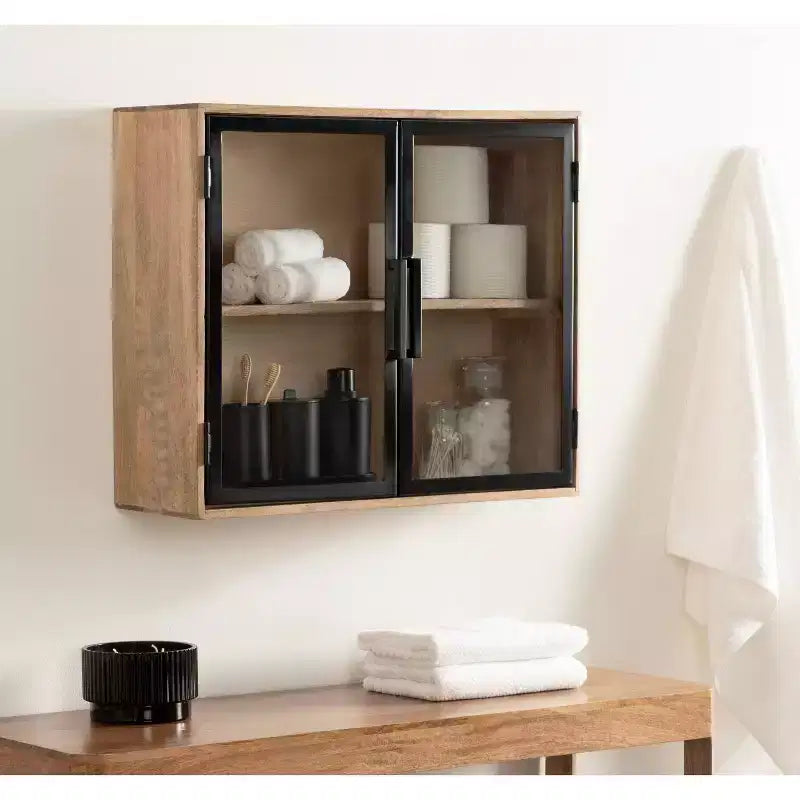 24'' Wood & Glass Wall Cabinet – Natural Finish Display Storage
