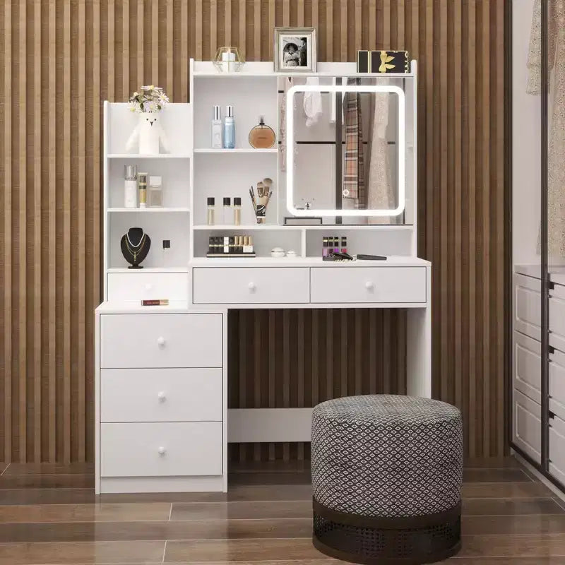 Okak Makeup Vanity with Sliding Mirror, Dressing Table with 6 Drawers & Storage Shelves for Bedroom