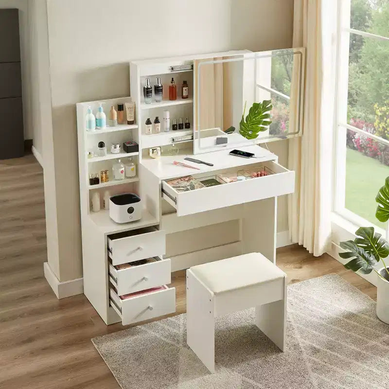 Makeup Vanity Dressing Table with Sliding Mirror, 6 Drawers & Storage Shelves