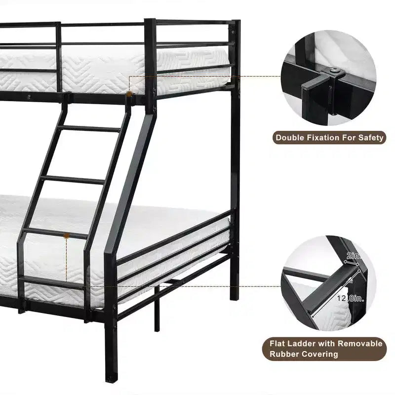 Twin Over Full Bunk Bed – Black, Flat Steps & Heavy Duty Metal Slats for Kids, Teens & Adults