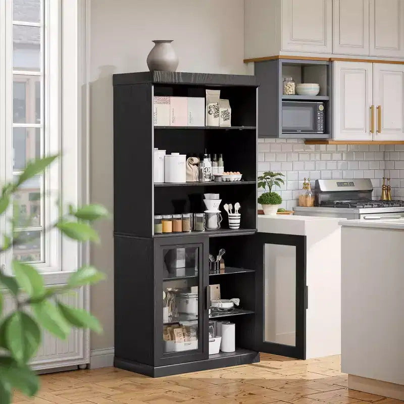 67x31x16 Wood Accent Sideboard Cabinet in Black, Storage Organizer with Adjustable Shelves and Glass Doors for Kitchen Bedroom Living/Dinning Room