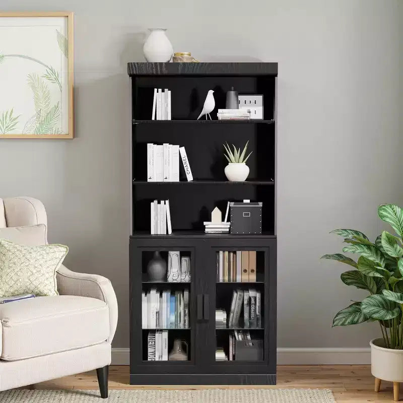 67x31x16'' Black Wood Accent Sideboard Cabinet with Glass Doors & Adjustable Shelves