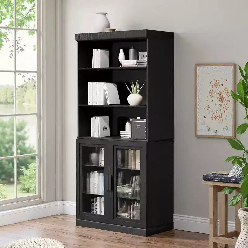 67x31x16'' Black Wood Accent Sideboard Cabinet with Glass Doors & Adjustable Shelves