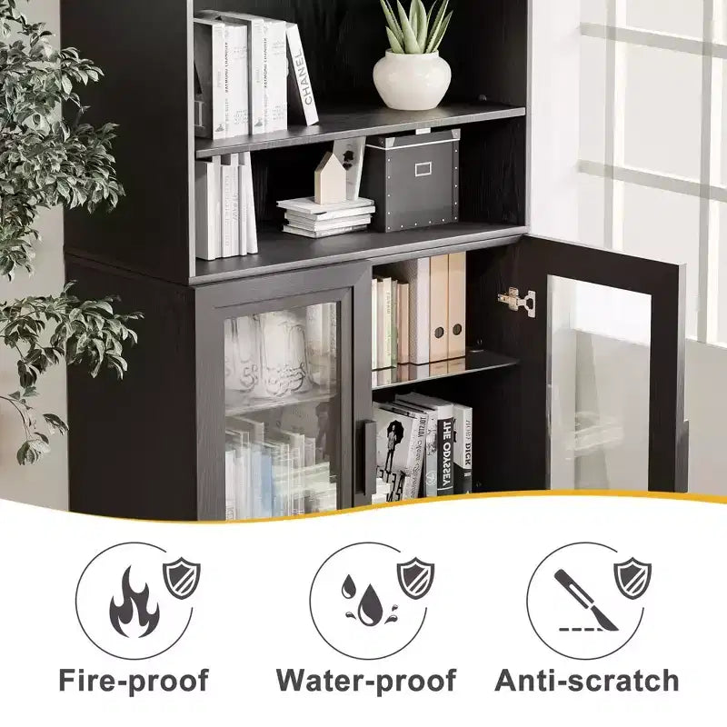 67x31x16'' Black Wood Accent Sideboard Cabinet with Glass Doors & Adjustable Shelves