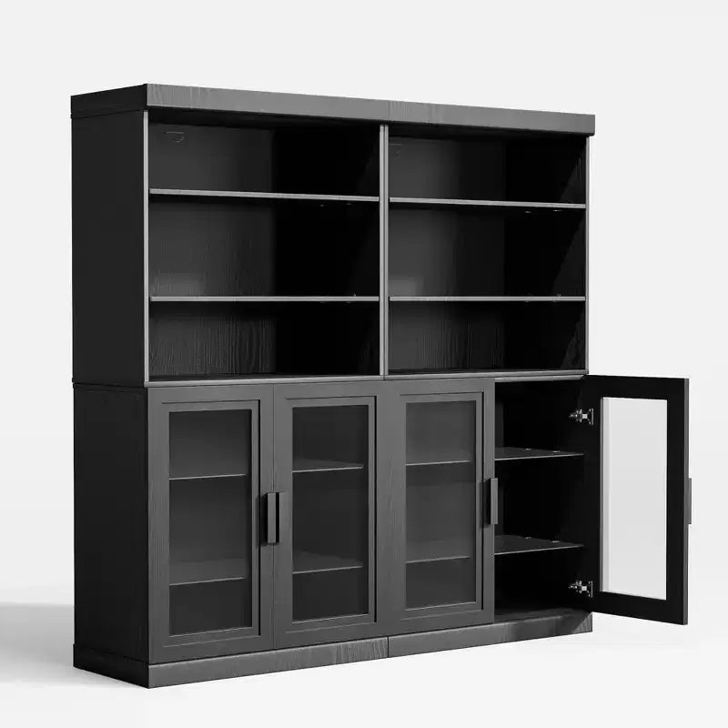 67x31x16'' Black Wood Accent Sideboard Cabinet with Glass Doors & Adjustable Shelves