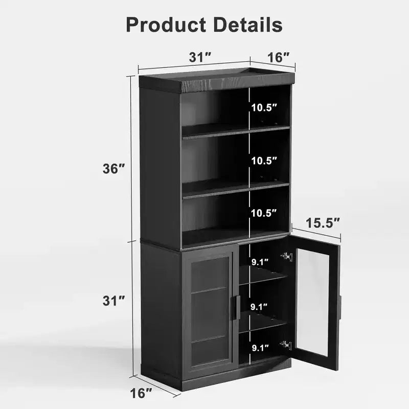 67x31x16'' Black Wood Accent Sideboard Cabinet with Glass Doors & Adjustable Shelves
