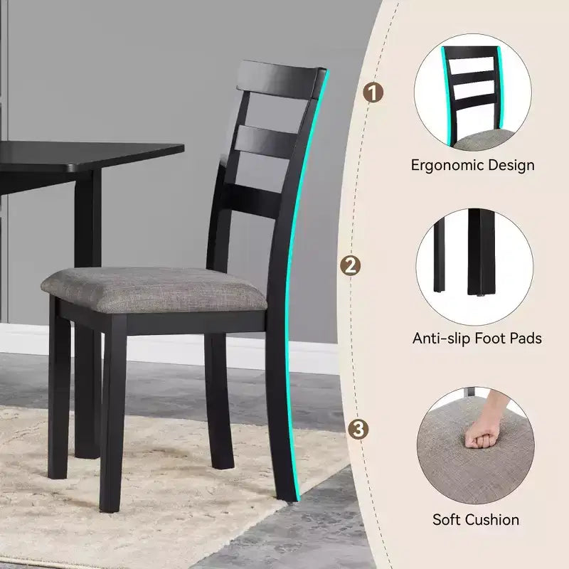 Black Wooden Kitchen Chairs with Wood Legs & Nonslip Pads – Armless, Set of 2