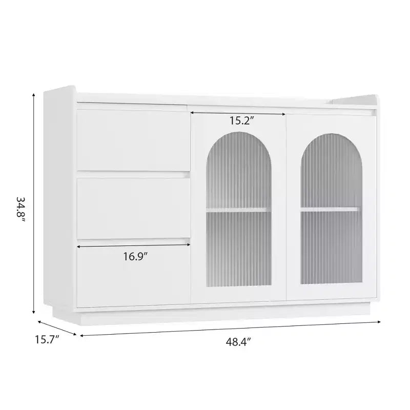 Buffet de 122 cm avec portes vitrées, 3 lumières LED et 3 tiroirs – Desserte moderne blanche