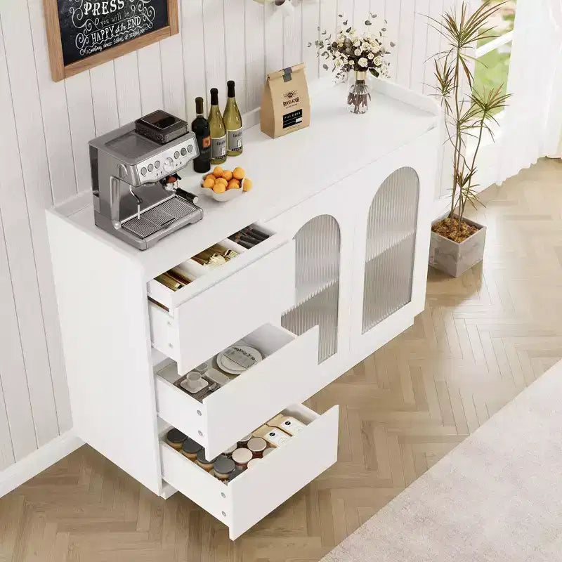 Buffet de 122 cm avec portes vitrées, 3 lumières LED et 3 tiroirs – Desserte moderne blanche