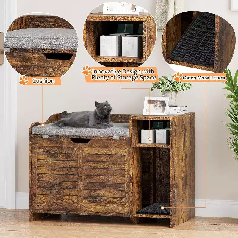 Litter Box Enclosure with Top Opening with Cushion, Cat Litter Box Furniture Hidden, Litter Box Hidden, Cat House, Privacy Cat Litter Box Cabinet