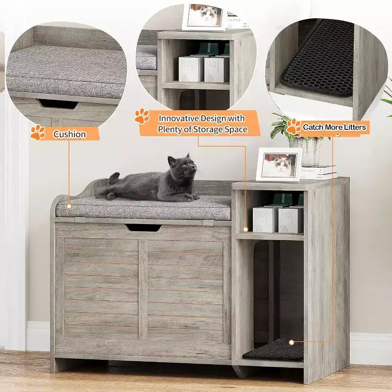 Litter Box Enclosure with Top Opening with Cushion, Cat Litter Box Furniture Hidden, Litter Box Hidden, Cat House, Privacy Cat Litter Box Cabinet
