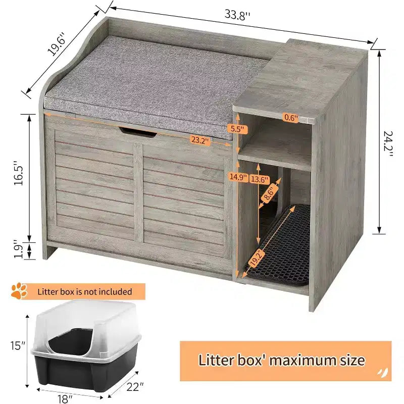 Litter Box Enclosure with Top Opening with Cushion, Cat Litter Box Furniture Hidden, Litter Box Hidden, Cat House, Privacy Cat Litter Box Cabinet
