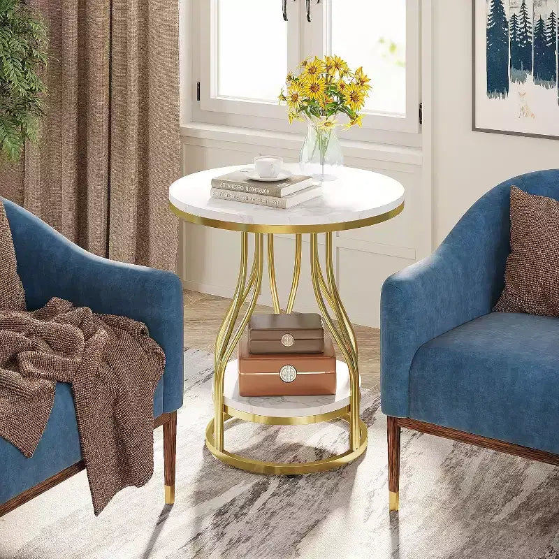 2-Tier Round Side Table with Storage – Modern Metal Frame Nightstand & End Table