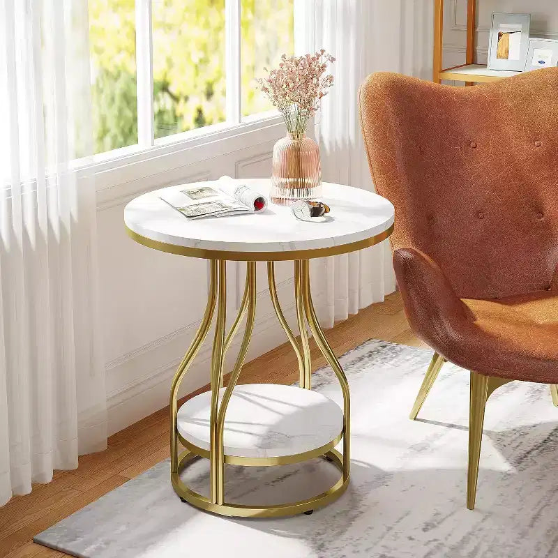 2-Tier Round Side Table with Storage – Modern Metal Frame Nightstand & End Table