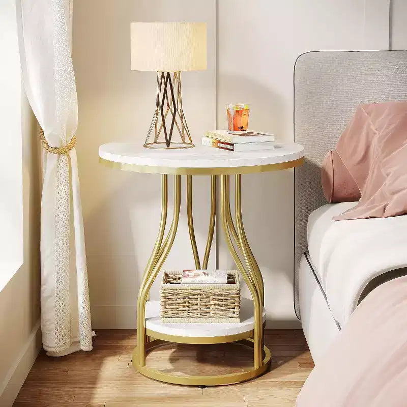 2-Tier Round Side Table with Storage – Modern Metal Frame Nightstand & End Table