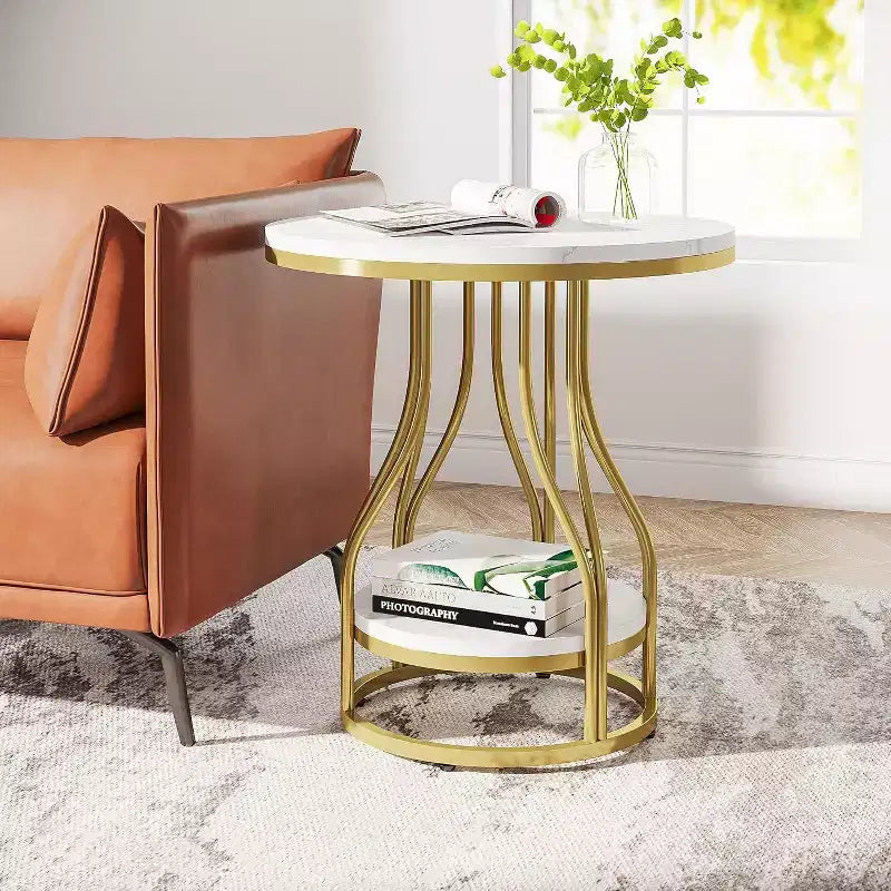 2-Tier Round Side Table with Storage – Modern Metal Frame Nightstand & End Table
