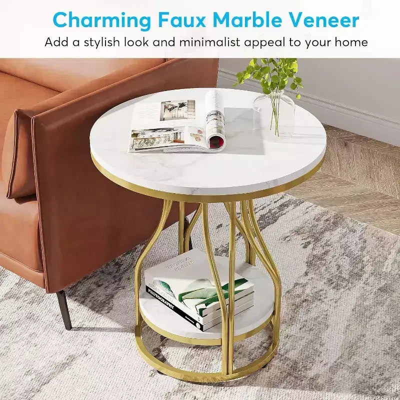 2-Tier Round Side Table with Storage – Modern Metal Frame Nightstand & End Table