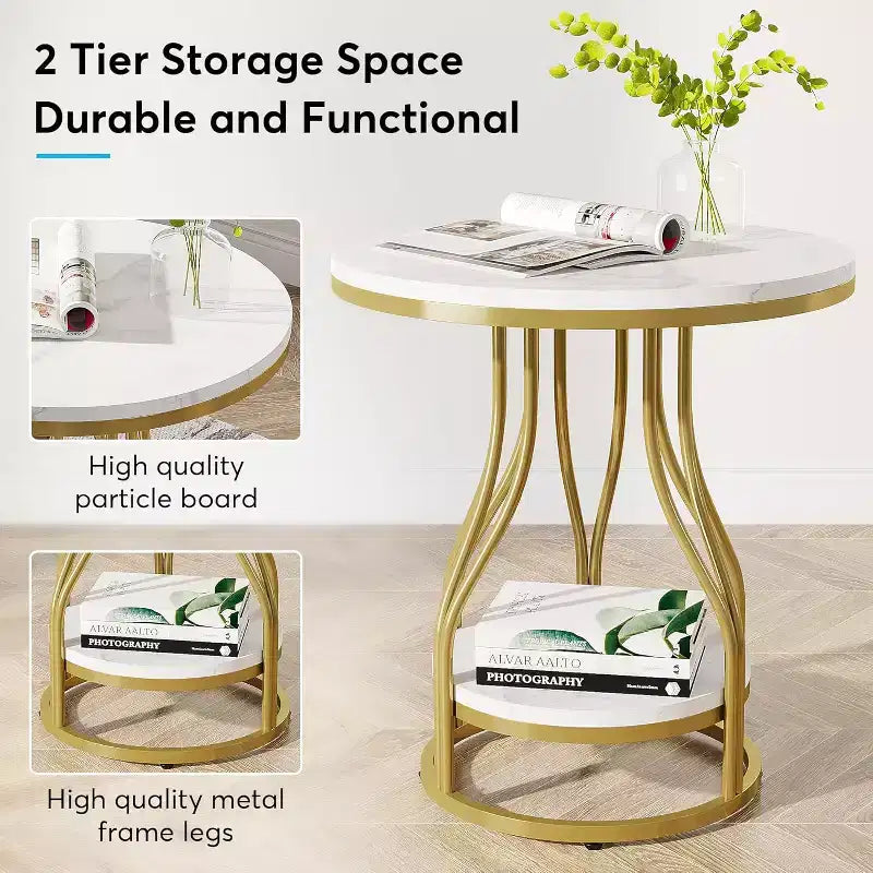 2-Tier Round Side Table with Storage – Modern Metal Frame Nightstand & End Table