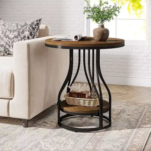 Table d'appoint ronde à 2 niveaux avec rangement – Table de chevet et table d'appoint modernes à structure métallique