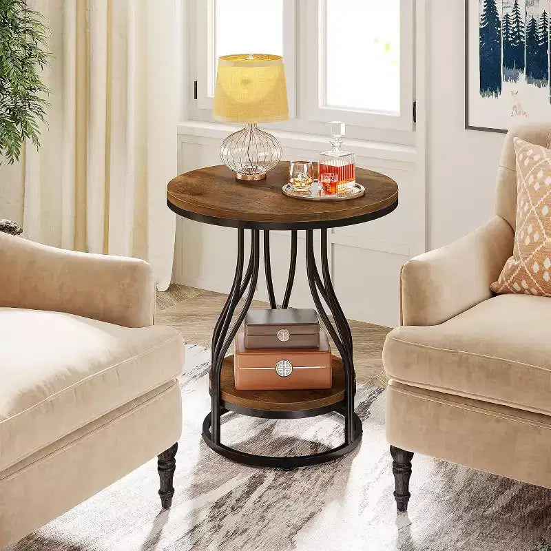 2-Tier Round Side Table with Storage – Modern Metal Frame Nightstand & End Table