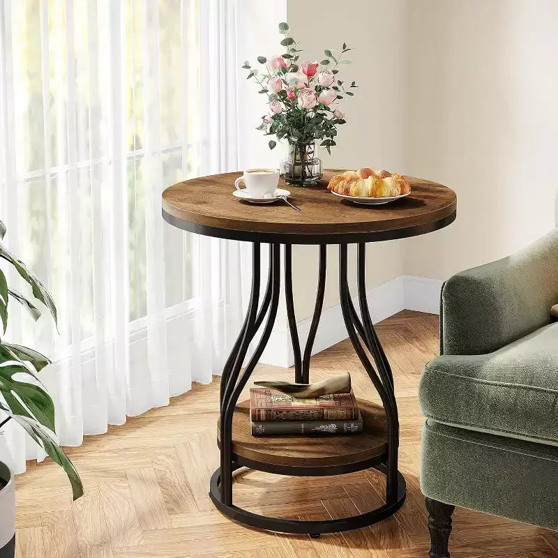 2-Tier Round Side Table with Storage – Modern Metal Frame Nightstand & End Table