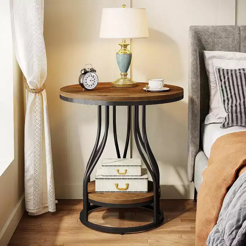2-Tier Round Side Table with Storage – Modern Metal Frame Nightstand & End Table