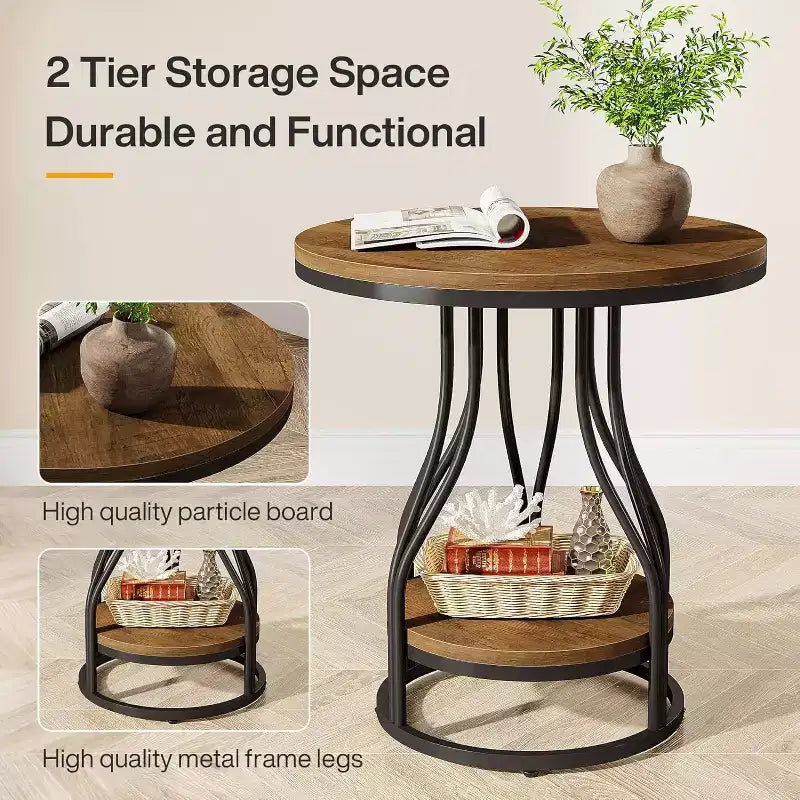 2-Tier Round Side Table with Storage – Modern Metal Frame Nightstand & End Table