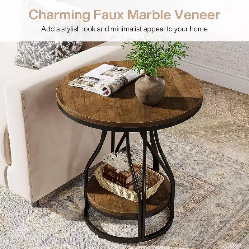 2-Tier Round Side Table with Storage – Modern Metal Frame Nightstand & End Table