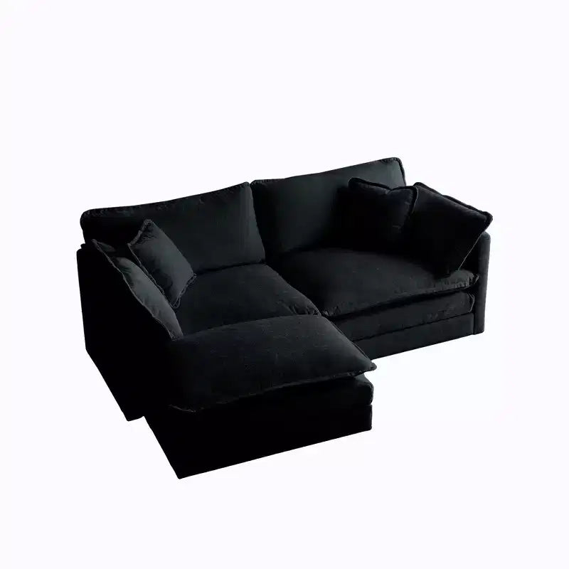 Canapé d'angle en L 2 places avec pouf – Chenille beige, causeuse pour petits espaces