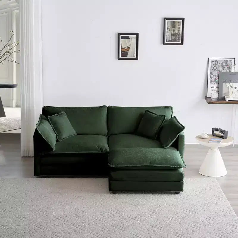 Canapé d'angle en L 2 places avec pouf – Chenille beige, causeuse pour petits espaces