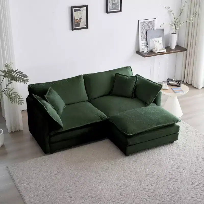 Canapé d'angle en L 2 places avec pouf – Chenille beige, causeuse pour petits espaces