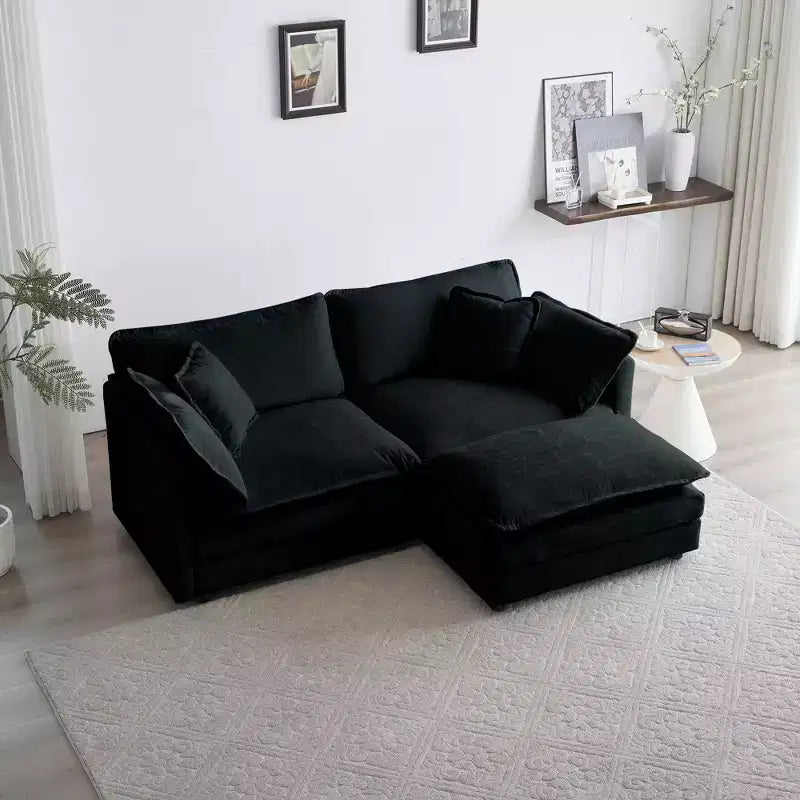 Canapé d'angle en L 2 places avec pouf – Chenille beige, causeuse pour petits espaces