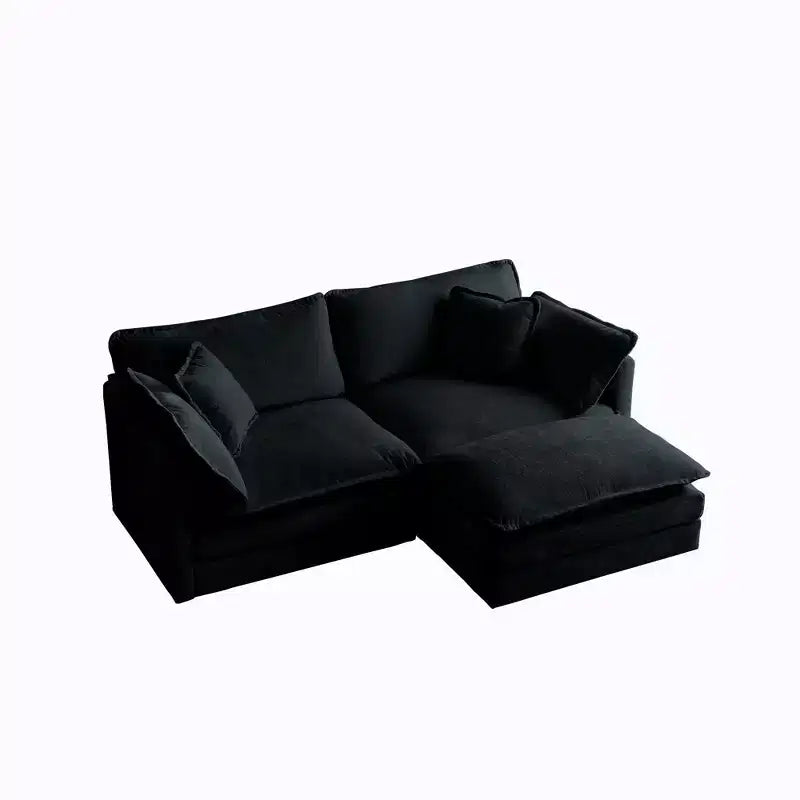 Canapé d'angle en L 2 places avec pouf – Chenille beige, causeuse pour petits espaces