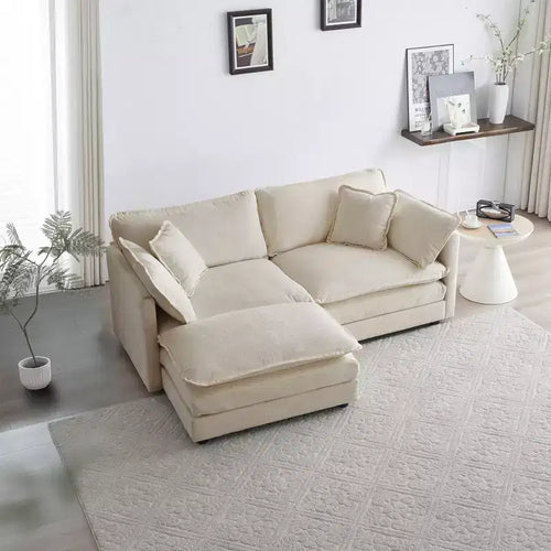 Chenille Two-Seater Sofa with 1 Footrest 2 Seater L-Shaped Sectional with Ottoman Loveseat with Ottoman for Small Living Space Beige Chenille