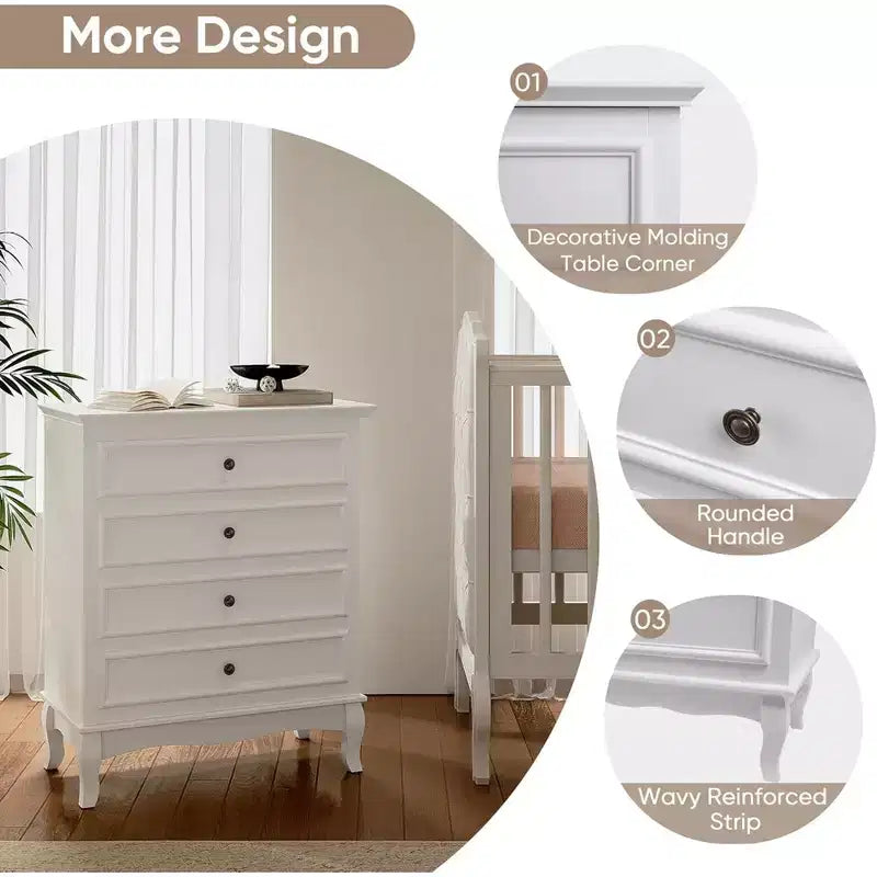 4-Drawer Modern Wooden Dresser with Ball Bearing Slides – White Bedroom Storage