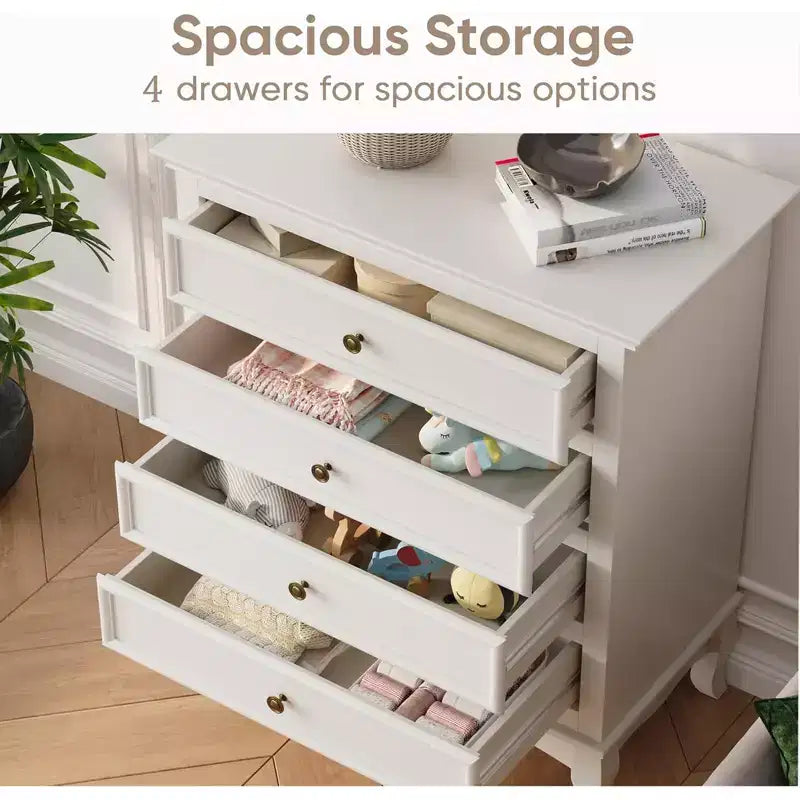 4-Drawer Modern Wooden Dresser with Ball Bearing Slides – White Bedroom Storage