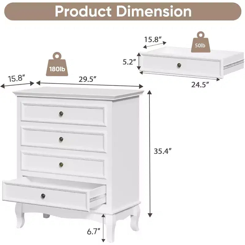 4-Drawer Modern Wooden Dresser with Ball Bearing Slides – White Bedroom Storage