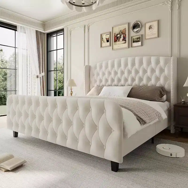 51 Tall Queen/King Size Velvet Upholstered Platform Bed Frame with Button Tufted Wingback Headboard & Footboard, No Box Spring Needed