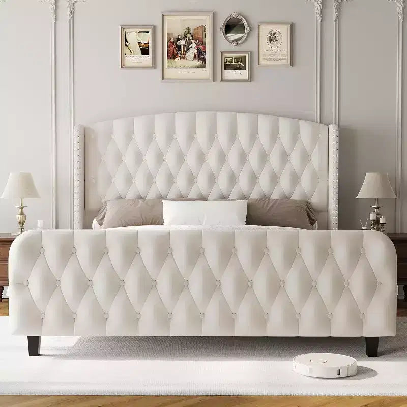 51 Tall Queen/King Size Velvet Upholstered Platform Bed Frame with Button Tufted Wingback Headboard & Footboard, No Box Spring Needed