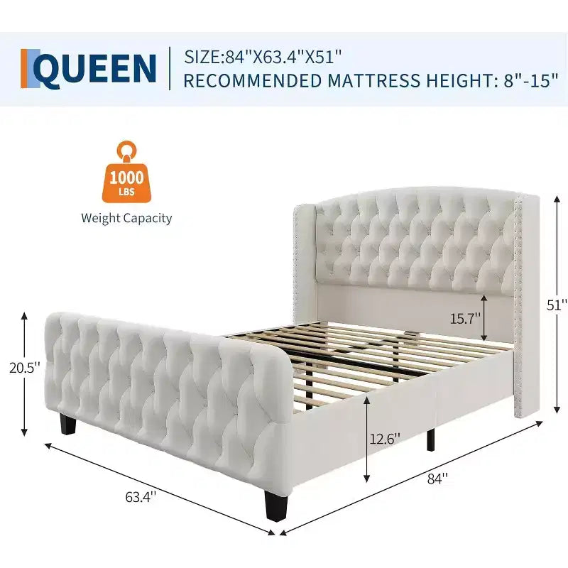 51 Tall Queen/King Size Velvet Upholstered Platform Bed Frame with Button Tufted Wingback Headboard & Footboard, No Box Spring Needed