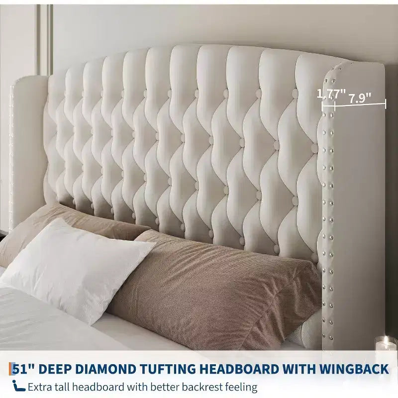 51 Tall Queen/King Size Velvet Upholstered Platform Bed Frame with Button Tufted Wingback Headboard & Footboard, No Box Spring Needed