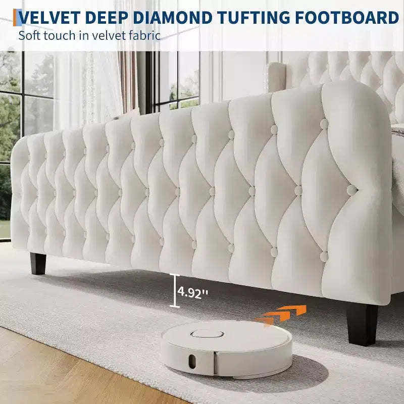 51 Tall Queen/King Size Velvet Upholstered Platform Bed Frame with Button Tufted Wingback Headboard & Footboard, No Box Spring Needed
