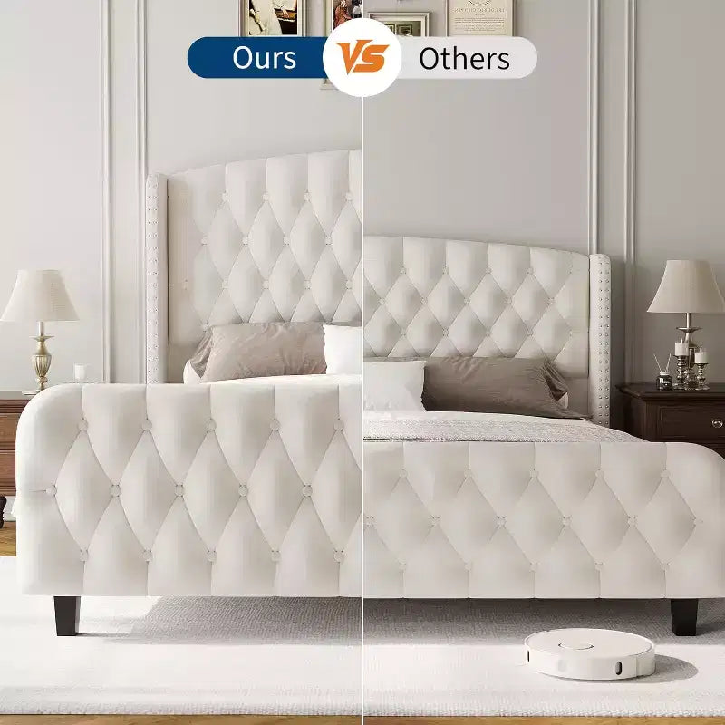 51 Tall Queen/King Size Velvet Upholstered Platform Bed Frame with Button Tufted Wingback Headboard & Footboard, No Box Spring Needed