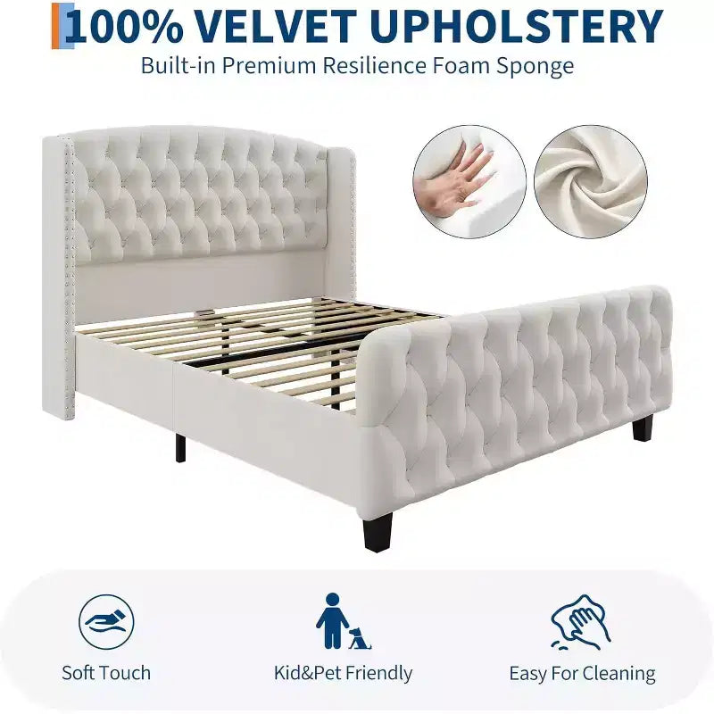 51 Tall Queen/King Size Velvet Upholstered Platform Bed Frame with Button Tufted Wingback Headboard & Footboard, No Box Spring Needed
