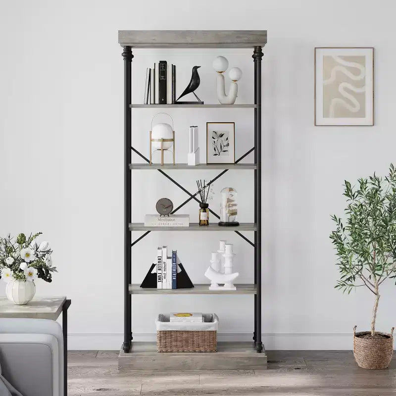 6-Tier Industrial Bookshelf – 73.6'' Tall Wood & Metal Open Display Bookcase