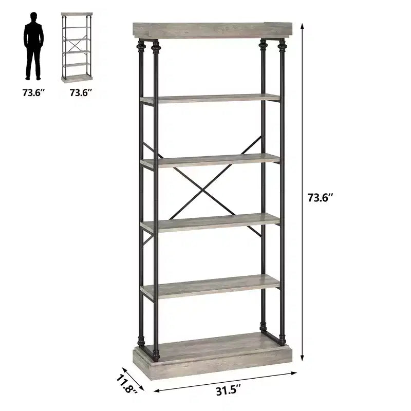 6-Tier Industrial Bookshelf – 73.6'' Tall Wood & Metal Open Display Bookcase