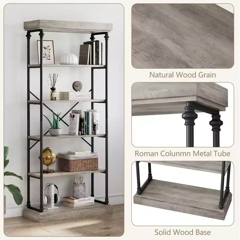 6-Tier Industrial Bookshelf – 73.6'' Tall Wood & Metal Open Display Bookcase