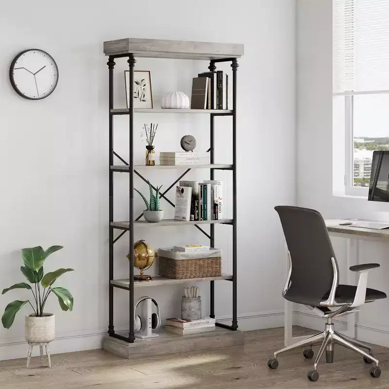 6-Tier Industrial Bookshelf – 73.6'' Tall Wood & Metal Open Display Bookcase